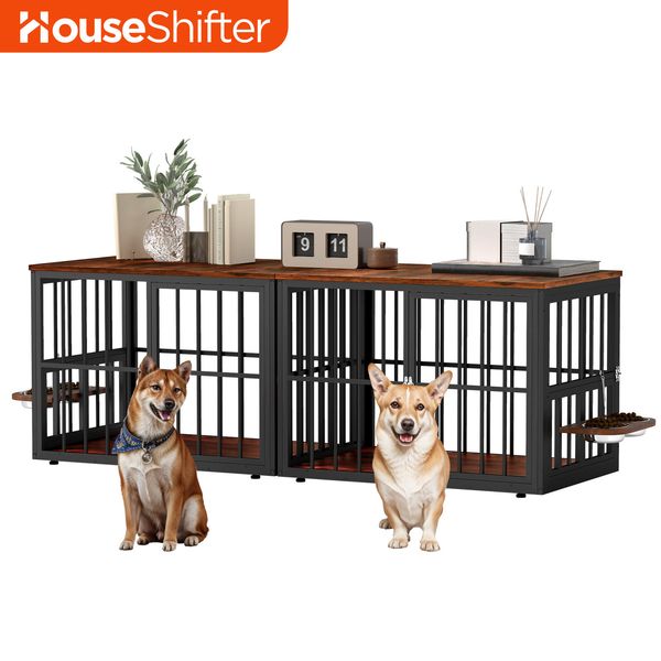 77" Corner Dog Crate 2Ft Wood Kennel Rotating Pet Bowl Stackable Iron Cage Brown