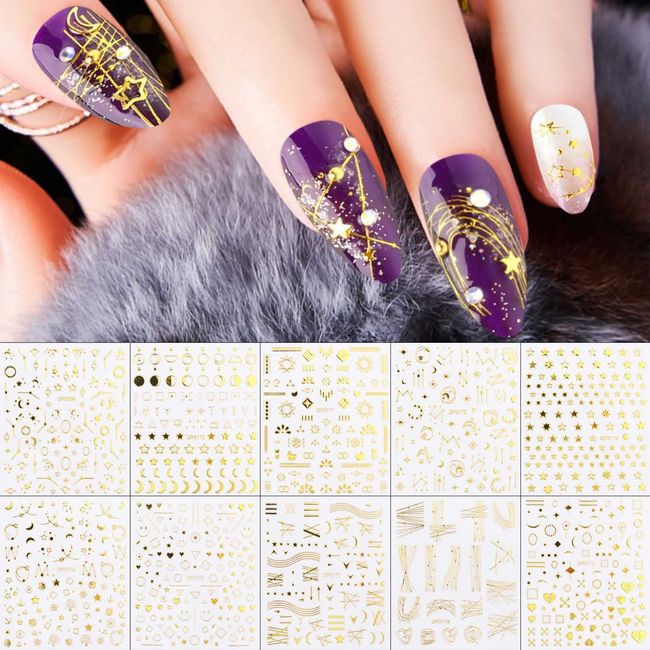 LANODO 10pcs Gold Nail Stickers Star Moon Multiple Styles 3D Silver Nail Sticker Sticker Sticker Nail Decor Self Nail Art