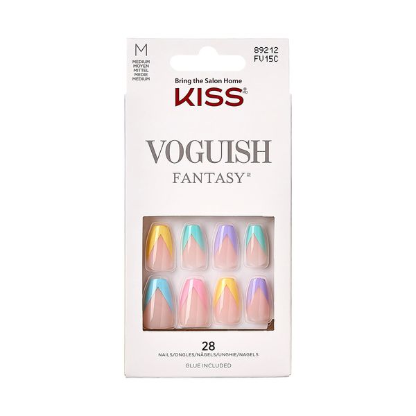 KISS Voguish Fantasy, Press-On Nails, Nail glue included, Candies', Multicolor, Medium Size, Coffin Shape, Includes 28 Nails, 2g glue, 1 Manicure Stick, 1 Mini File