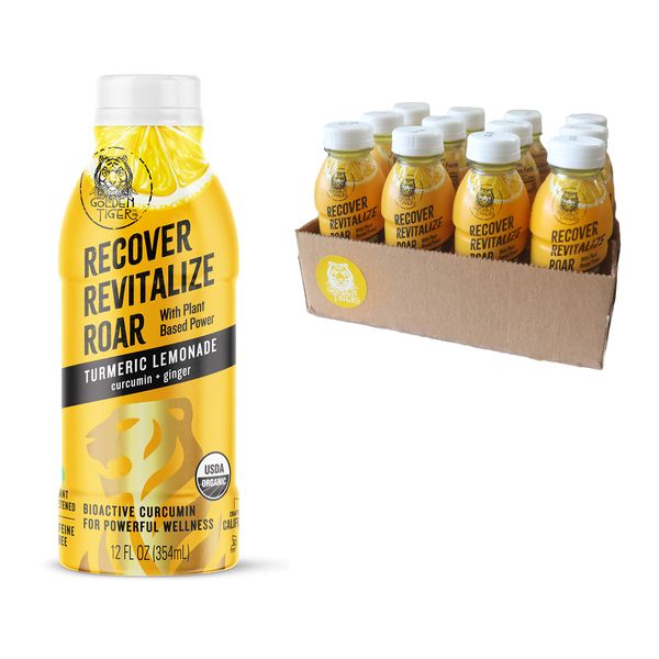 Organic Golden Tiger Turmeric Lemonade - Inflammation Relief, Immunity Support & Daily Recovery Beverage : Bio Active Curcumin + Ginger - 12 Bottles - Recover with Plant Based Power - Caffeine Free - 20 Calories