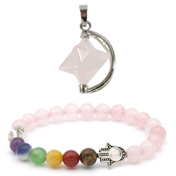 Soulnioi Merkaba Star Crystal Reiki Necklace Pendant Natural Gemstone Pendant and Healing Crystal 7 Chakra Beaded Hamsa Hand Buddha Palm Beacelet Evil Eye Lucky Charm (Rose Quartz)