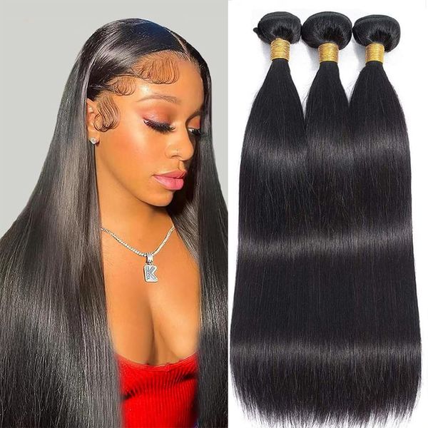 Real Hair Wefts for Sewing Human Hair Bundles Straight 100% Unprocessed Brazilian Virgin Hair 3 Bundles Real Hair Bundles Extensions Natural Colour for Women 22 24 26 Inches