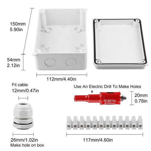 CPROSP Junction Box Waterproof IP65 Wet Room Boxes Surface-Mounted Junction Box 150 x 110 x 70 mm for Diameter 6-12 mm with 10x Cable Glands with Hole Saw 20 mm