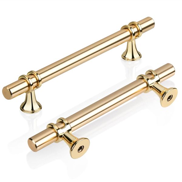 GUWINA 6pcs 96mm Gold T Bar Kitchen Cupboard Handles, Elegant Matte Golden Wardrobe Door Handle, Zinc Alloy Solid Drawer Pull Handle for Cabinet Furniture Sideboard, Furniture Handle with Screws