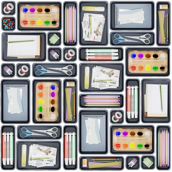 Giklux 25 Pcs Makeup Drawer Organiser Trays, 4 Sizes Desk Drawer Dividers Organisers for Cutlery, Kitchen, Bathroom, Office, Cosmetics, Vanity, Dressing Table, Plastic Junk Draw Organiser, Gray