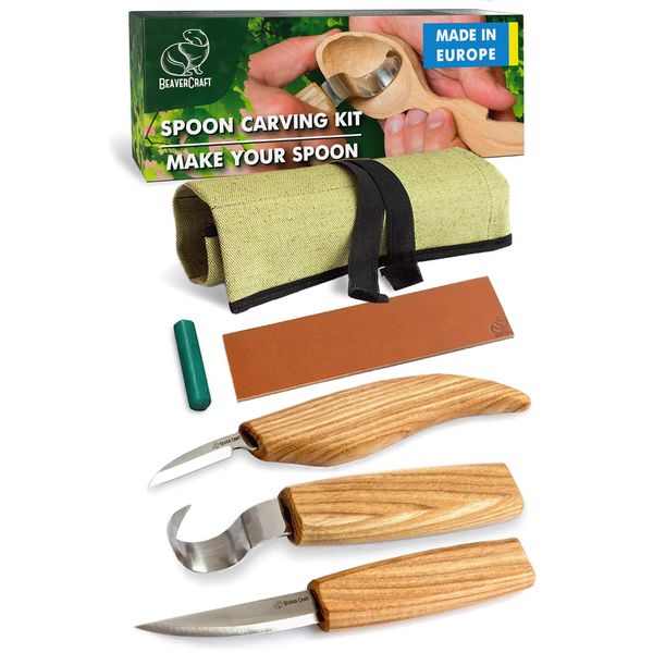 BeaverCraft Wood Carving Tools Set Wood Carving Kit for Spoon Carving 3 Wood Carving Chisels with Leather Strop and Polishing Compound - Whittling Kit Hook Sloyd Detail Carving Gouge Right-Handed S13