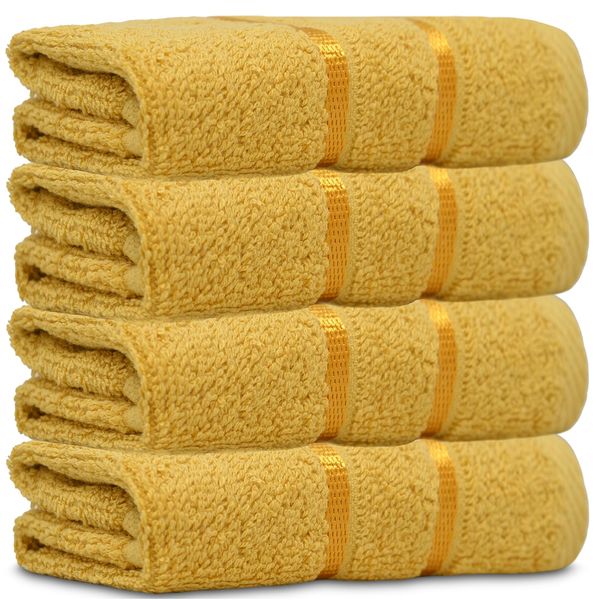 Towelogy® Luxury Egyptian Cotton Face Cloth Flannel Fingertip Towels Set 500 GSM Supersoft and Highly Absorbent Washcloths 30x30 cm (Pack 4, Mustard Yellow)