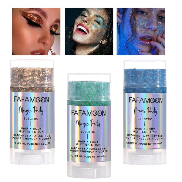 Dulele 3 PCS Body Glitter Stick, Blue/Gold/Green Body Shimmer Glitter Gel, Glitter Gel Mermaid Sequins for Face/Body/Hair, Sparkling Face Glitter Makeup(B, M)