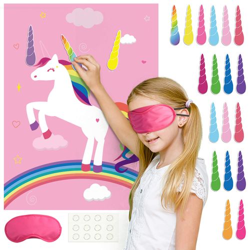 FEPITO Pin The Horn on the Unicorn Birthday Party Game, 24 Horns, for Unicorn Party Supplies, Children's Unicorn Birthday Party Accessories (Green)