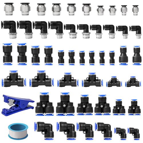 52 Pcs Quick Connect Air Hose Fittings Kit, Josaton Air Line Quick Connect Fittings, 1/2", 3/8", 1/4", 1/8"，5/32" Pneumatic Fittings, NPT Male Thread Push to Connect Fittings, with Sealing Tape