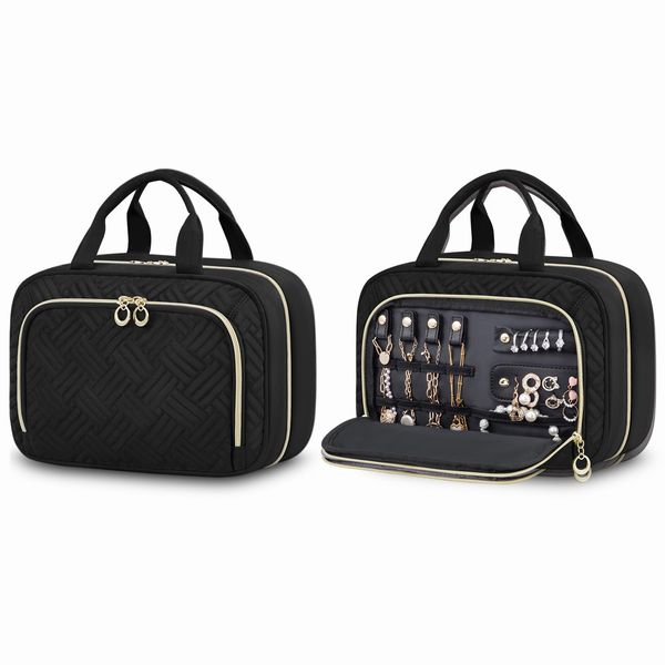 LOVEVOOK Kulturtasche Damen mit Separate Schmuckfach, Wasserdicht Kulturbeutel zum Aufhängen Faltbare Waschtasche Kosmetiktasche Groß mit 360°Drehbare Haken Waschbeutel für Damen Schwarz