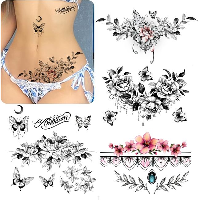 ROARHOWL sexy temporäre Tattoos für Frauen, sexy Tattoo, schön und exquisit, 3D realistische Blumen, Schmetterlinge, Bauch, Brust, Taille und Rücken wenden falsche Tattoos für Mädchen an (3)