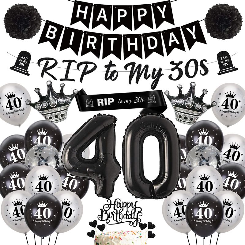 Jollyboom Death to My 30s Birthday Decoraties, 40e verjaardag decoraties zwart, Rip Thirties decor voor vrouwen mannen, Death to My Thirties Banner Ballonnen voor hem Haar Gothic Funny Party