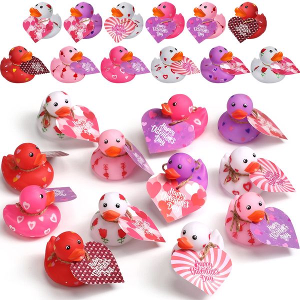 2 Inch Valentine Rubber Duckies with Valentine's Day Gift Cards Heart Ducks Love Small Rubber Ducks Cute Duck Bath Tub Pool Toys for Classroom Exchange Carnival Party Favors Game Prizes(12 Pcs)