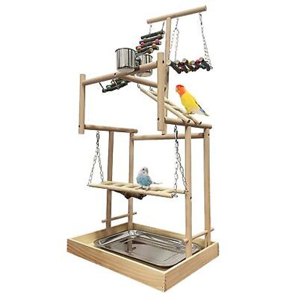 4 Layers Large Bird Playground 32" H Pet Parrot Playstand Gym Perch Wood Play...