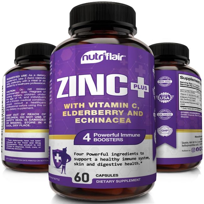 NutriFlair Zinc Plus, 60 Capsules - with Vitamin C, Elderberry & Echinacea