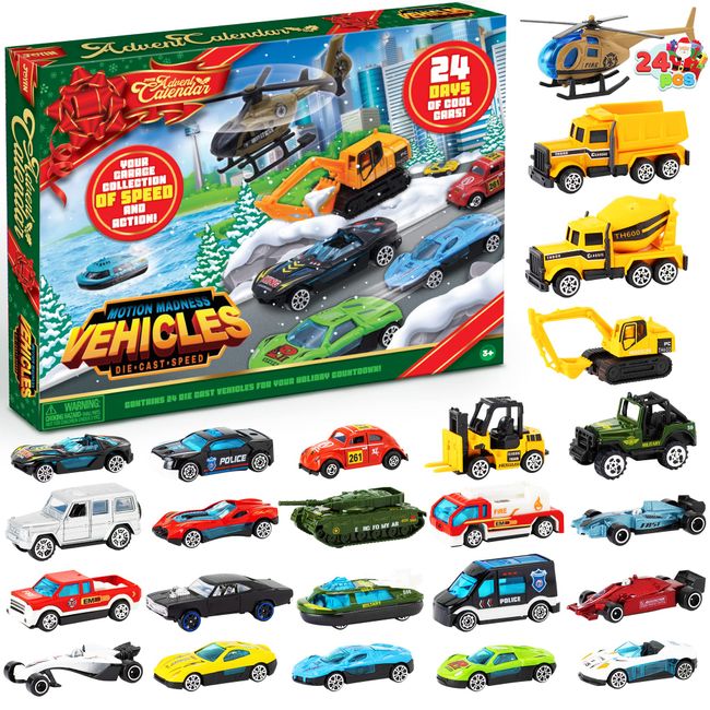 JOYIN 2023 Christmas Advent Calendar for Kids, 24 Days Countdown Calendar Toys with Diecast Cars Set for Boys Kids Party Favors, Classroom Prizes, Xmas Gift
