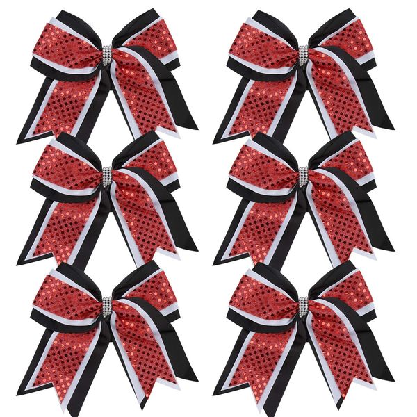 Cheerleader Bows 8 Inch 3 Layers 6 Pcs Ponytail Holder Jumbo Cheerleading Bows Hair Elastic Hair Tie for High School College (Black/White/Red)