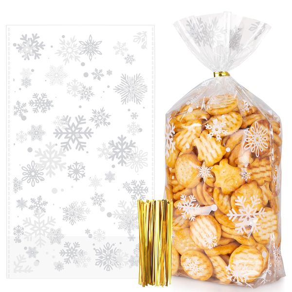 Kiiwah 50 Stück Weihnachten Schneeflocken Cellophantüten, Transparent Plätzchentüten Candy Bar Süßigkeiten Tüten Geschenktüten für Bonbon Plätzchen mit Twist Krawatten