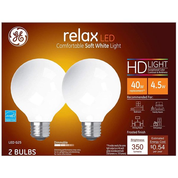 GE Lighting Relax LED Globe Light Bulbs, 4.5 Watts (40 Watt Equivalent) Soft White HD Light, Frosted Finish, Medium Base, Dimmable (2 Pack)