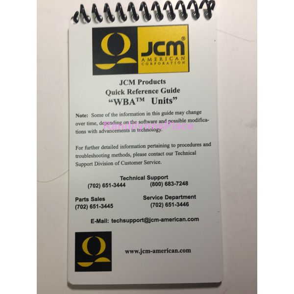 JCM WBA BILL VALIDATOR UNITS QUICK REERENCE GUIDE - 16 page pocket Guide