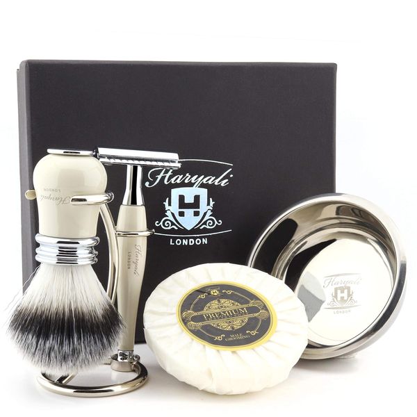 Haryali London Shaving Kit – 5 Pc Shaving Kit – Double Edge Safety Razor - Synthetic Hair Shaving Brush – Shaving Soap – Shaving Bowl – Shaving Stand – Antique Ivory Color Shaving Set as Gift