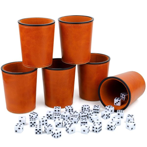 TOPTAN PU Leather Dice Cup Set, Includes 6 Dice Shakers and 36 White Dice for Yahtzee Farkle Dice Game