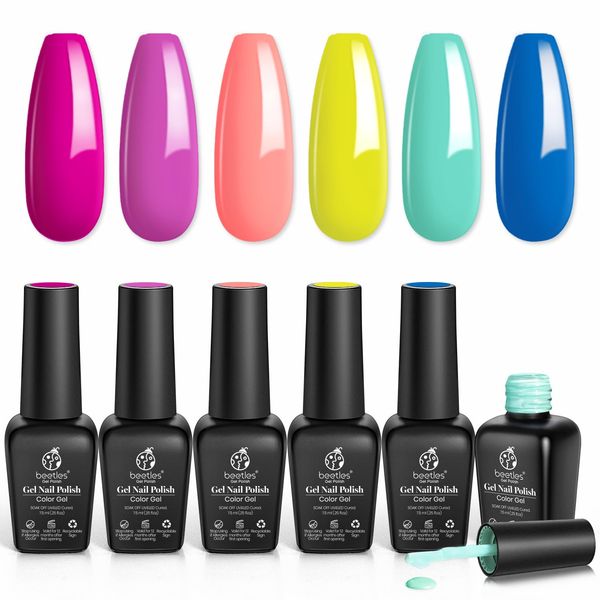 Beetles Gel Nail Polish Set - Pool Party Collection 6Pcs Turquoise Blue Pink Color Gel Polish Kit Rainbow Yellow Green Nail Gel Soak Off UV Gel Nail Kit Nail Art Mother's Day Gifts for Women