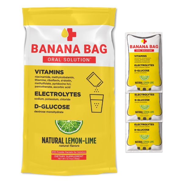 Banana Bag Oral Solution - Pharmacist Hydration Recovery Formula - Electrolyte & Vitamin Powder Packet Drink Mix - Natural Lemon Lime - 30 Pack Box