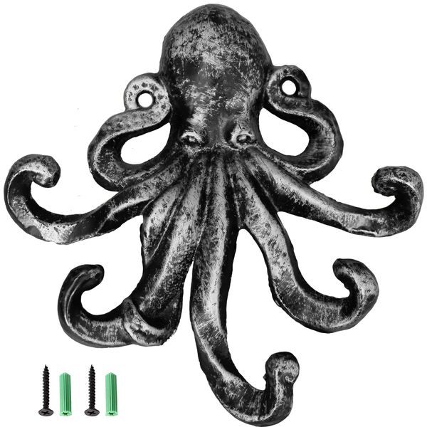 JJ PRIME - Octopus Key Holder for Wall | Animal Decor Key Hooks for Wall | Key Hooks Wall Mounted | Octopus Ornament Cast Iron Hooks - Decorative Coat Hooks for Entryway, Hallway, Office (Silver)