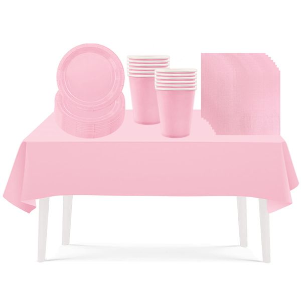 53PCS Baby Pink Party Tableware Decorations for Kids Birthday,Disposable Party Tableware Set Tablecloth Table Covers,7inch Paper Plates,Paper Napkins,Cups for Xmas Birthday Wedding Party Favor