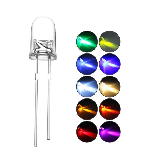 DiCUNO Light Emitting Diodes, 0.2 inch (5 mm) LED Diodes, Transparent, High Brightness, Round Head, 10 Color Diode Set, White, Red, Green, Blue, Yellow, 10 Colors, 10 Each