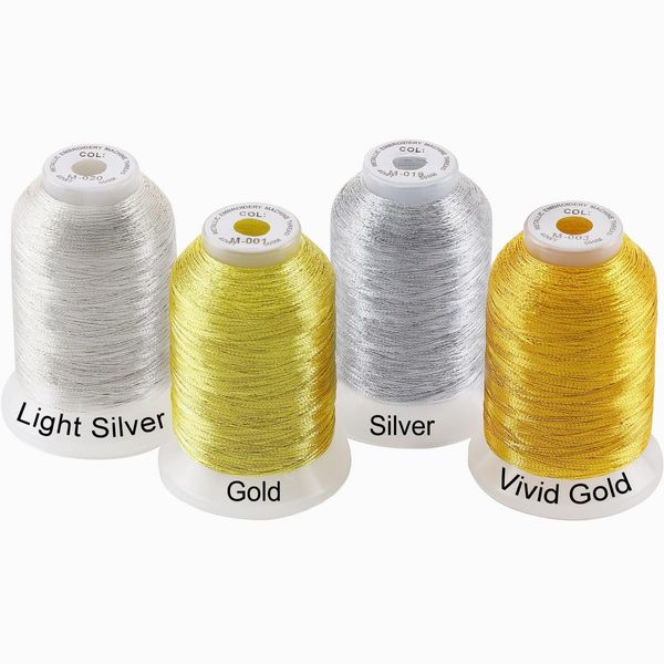 New brothread 4pcs (2 Gold+2 Silver Colours) Metallic Machine Embroidery Thread Kit 500M Each Spool for Computerized Embroidery and Decorative Sewing