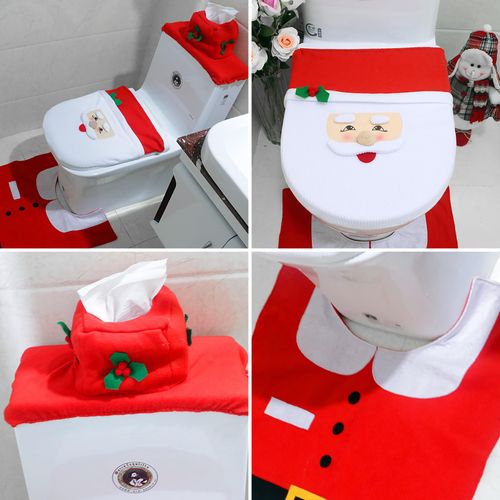 4 PCS Christmas Bathroom Decoration Set Christmas Indoor Home Decor Toilet Set with Toilet Seat Cover,Tank Cover,Toilet Paper Box Cover and Rugs
