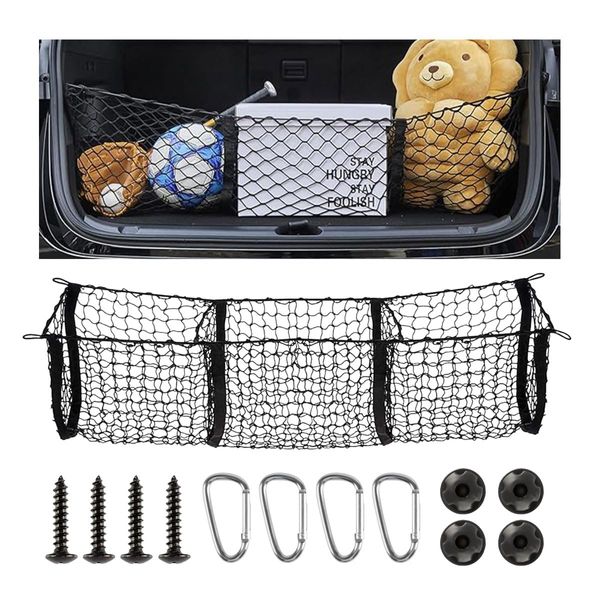 Detachable Cargo Net for Car, Expandable 3 Pocket Heavy Duty Cargo Net Organizer with 4 Metal Carabiners, Compatible with SUVs, Cars, Pickup Trucks, Van Trunk Beds