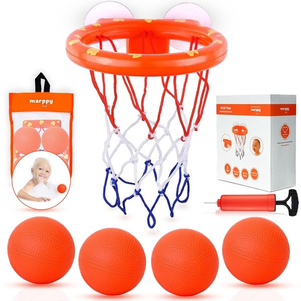 MARPPY Bath Toys, Bathtub Basketball Hoop for Toddlers Kids, Boys and Girls with 4 Soft Balls Set & Strong Suction Cup, Bathtub Shooting Game & Fun Toddlers Bath Toys for Boys or Girls