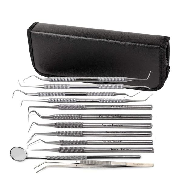 12 Pcs Oral Hygiene Kit Plaque Remover Professional Dental Picks Set for Teeth, Double & Single Ended Picks, Mouth Mirror + Cotton Pliers for Gum Care Cleaning Set Stainless Steel with Carrying Case