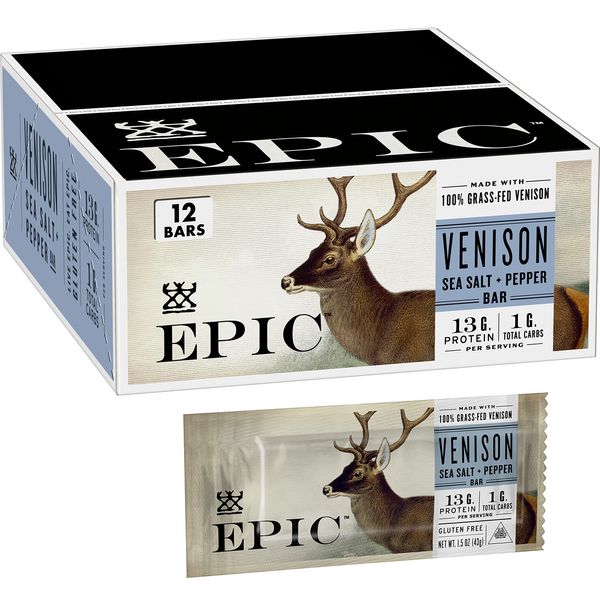 Epic Provisions Venison Sea Salt and Pepper Bars, Keto Friendly, Gluten Free, 12 ct