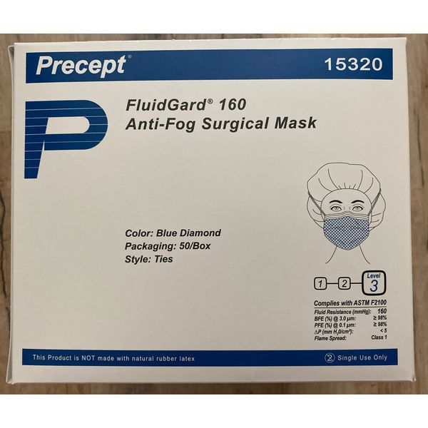 Precept FluidGard Anti-Fog Surgical Mask 15320 - 50/Box - Ties - Blue Diamond -