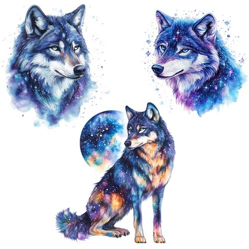 Wolf Head Wall Decals, Starry Sky Design, 3 Sheets, Waterproof Adhesive Stickers for Living Room, Bedroom, 18.1 x 15.7 inch
