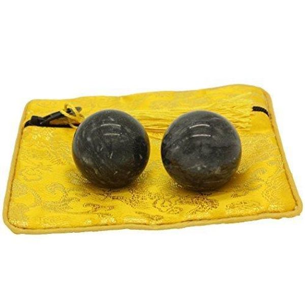 Tibetan Art Feng Shui Goods Health Ball Fitness Ball Black Grey Natural Stone Stress Training Equipment Hand Function Recovery 2 Pieces INB140 (35mm Fu