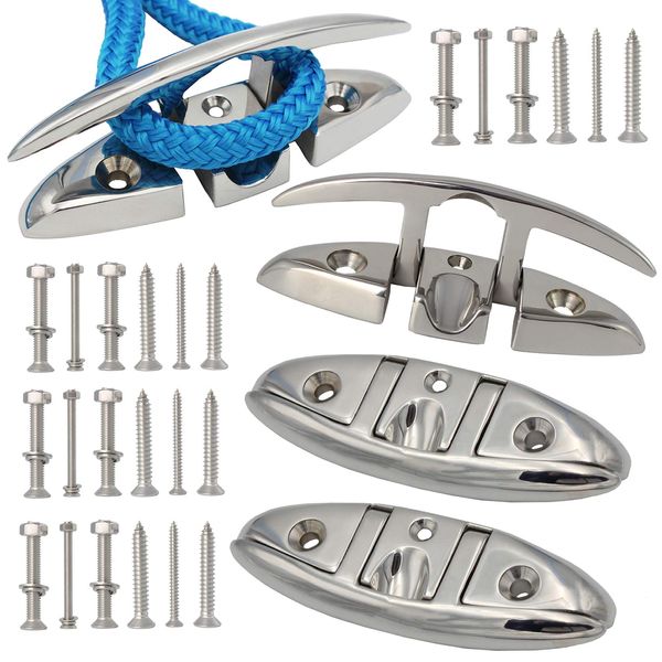 VEITHI 316 Stainless Steel Boat Folding Cleat 5 inch, Flip up Dock Cleat for Deck and Boat, Boat Tie Down Cleats Dock Cleats Folding Cleat Rope Cleat Pop Up Cleat Boat Cleats with Fasteners (4 Pack)