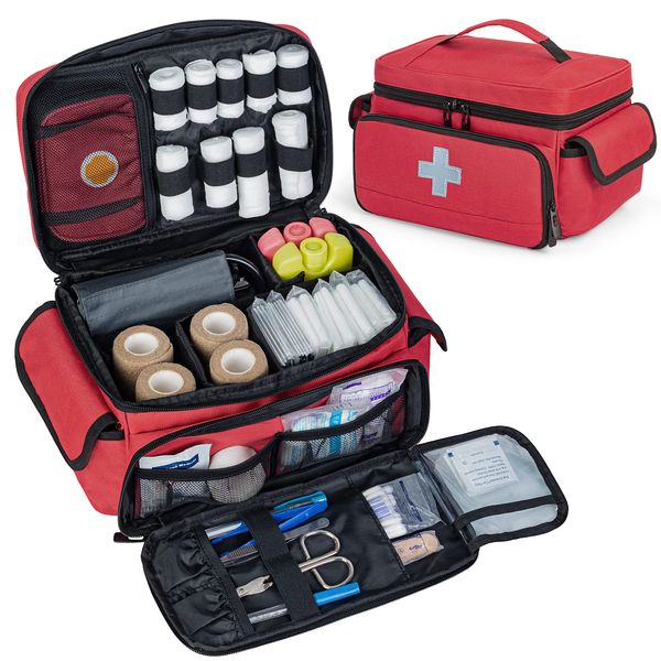 CURMIO First Aid Bag, Medicine Storage Box, First Aid Kit, Medicine Pouch Included, Red