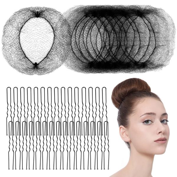 50 Pcs Hair Nets for Buns - 20 Inches Invisible Elastic Edge Mesh Bun Set with 40 Hair Bobby Pins, Hair Donuts for Bun, Hair Bun Maker for Ballet Dancer Kitchen Food Service, Women & Wig (Black)