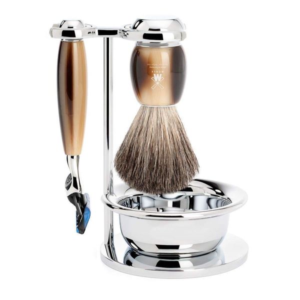 MÜHLE VIVO Brown Horn Resin 4-Piece Pure Badger 5-Blade Razor Shaving Set