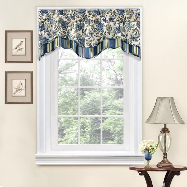 Waverly Traditions Navarra Farmhouse Scalloped Rod Pocket Valance for Windows in Bedroom, Kitchen, or Living Room, 52" x 16", Porcelain