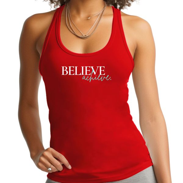 Womens Fitness Tank Top Graphic T-shirt Believe and Achieve - Red / L