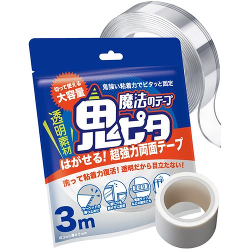 Demon Pita Double-Sided Tape, Magic Tape, Super Strong, Wallpaper, Storable, Removable, Japanese Brand, Genuine Product, Transparent, Glass, Tile, Cloth, Dash Cam (Width 1.2 in. (3 cm) x Thickness 0.08 in. (0.2 cm) x Length 9.8 ft. (3 m)