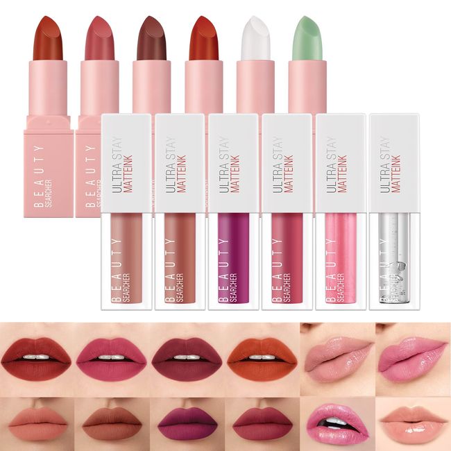 12 STÜCKE Flüssiges Lippenstift-Set, Matter Lippenstift, Lippenbalsam, Farbwechsel-Lippenstift, Lippentönung, Lippenpraller, Lipgloss-Set, Langanhaltendes Make-up-Geschenkset im Buchstil