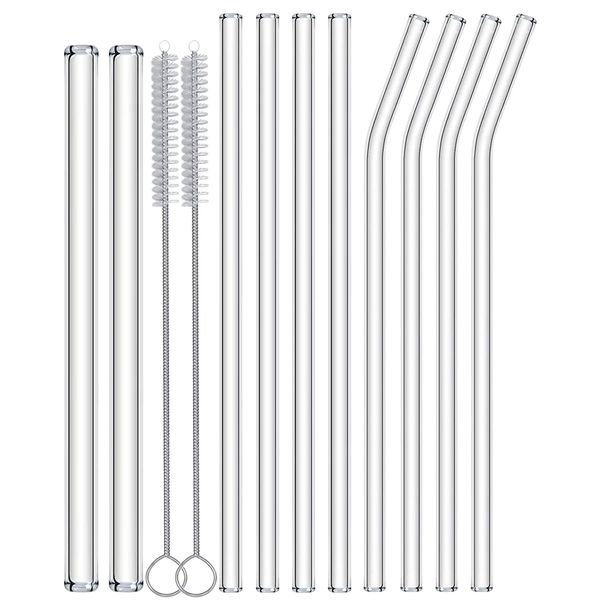 NAFENDER Glass Straws Reusable Drinking Straws 2 Wide Smoothie Straws & 4 Bent Straws & 4 Straight Straws with 2 Cleaning Brush